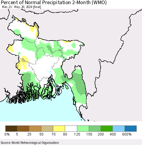 Bangladesh Percent of Normal Precipitation 2-Month (WMO) Thematic Map For 3/21/2024 - 5/20/2024