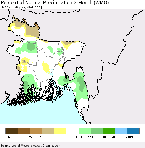 Bangladesh Percent of Normal Precipitation 2-Month (WMO) Thematic Map For 3/26/2024 - 5/25/2024