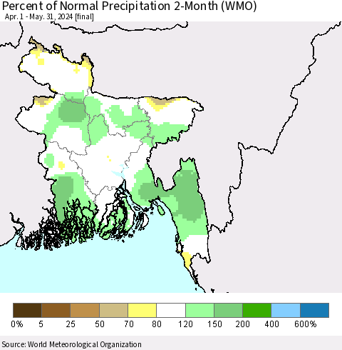 Bangladesh Percent of Normal Precipitation 2-Month (WMO) Thematic Map For 4/1/2024 - 5/31/2024