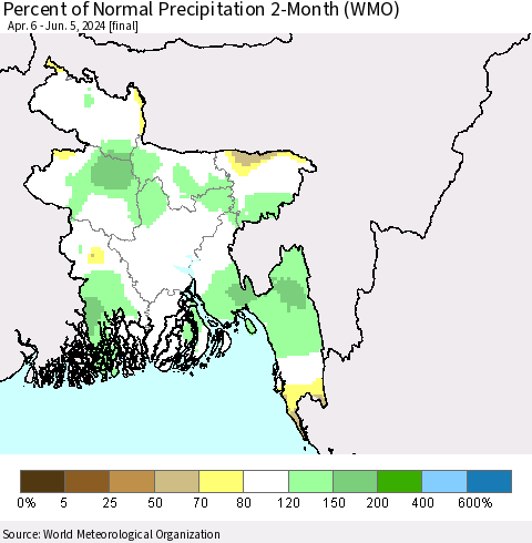 Bangladesh Percent of Normal Precipitation 2-Month (WMO) Thematic Map For 4/6/2024 - 6/5/2024