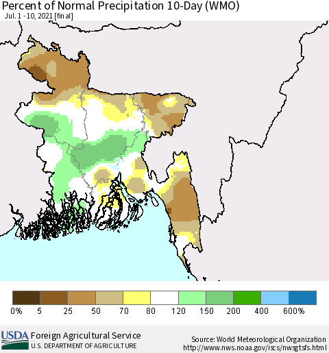 Bangladesh Percent of Normal Precipitation 10-Day (WMO) Thematic Map For 7/1/2021 - 7/10/2021