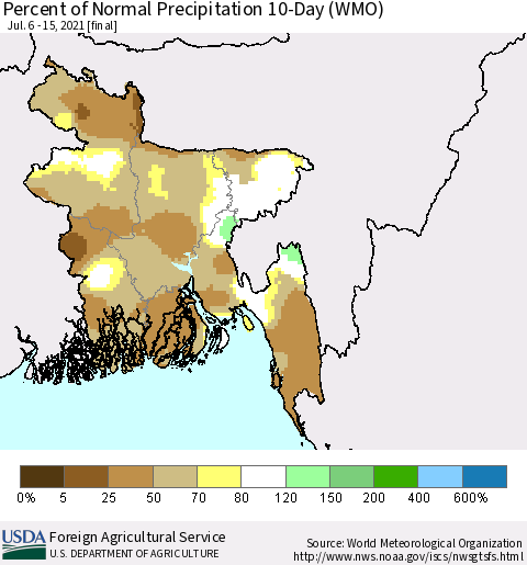 Bangladesh Percent of Normal Precipitation 10-Day (WMO) Thematic Map For 7/6/2021 - 7/15/2021