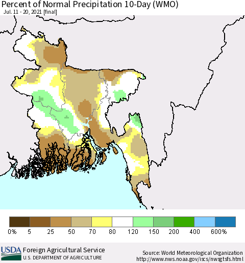 Bangladesh Percent of Normal Precipitation 10-Day (WMO) Thematic Map For 7/11/2021 - 7/20/2021