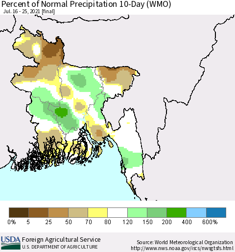Bangladesh Percent of Normal Precipitation 10-Day (WMO) Thematic Map For 7/16/2021 - 7/25/2021