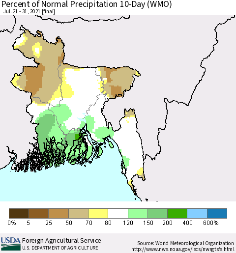 Bangladesh Percent of Normal Precipitation 10-Day (WMO) Thematic Map For 7/21/2021 - 7/31/2021