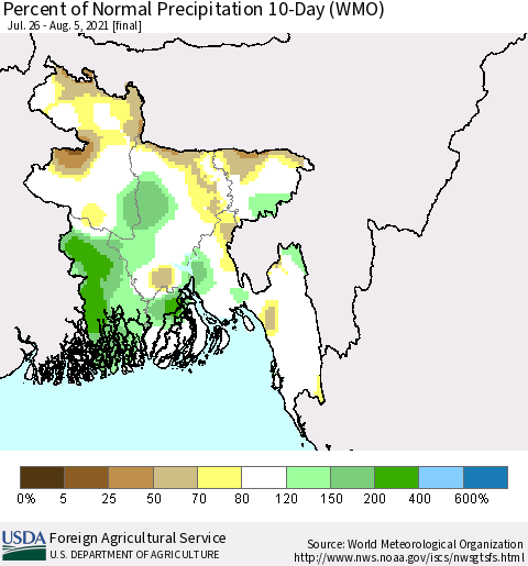 Bangladesh Percent of Normal Precipitation 10-Day (WMO) Thematic Map For 7/26/2021 - 8/5/2021