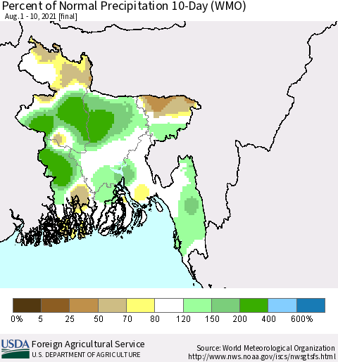 Bangladesh Percent of Normal Precipitation 10-Day (WMO) Thematic Map For 8/1/2021 - 8/10/2021