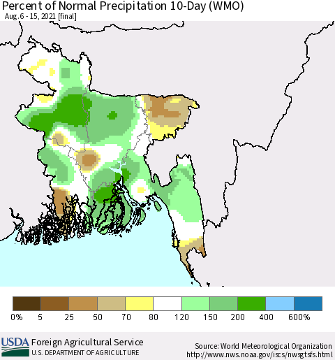Bangladesh Percent of Normal Precipitation 10-Day (WMO) Thematic Map For 8/6/2021 - 8/15/2021