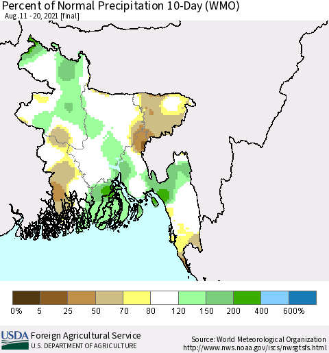 Bangladesh Percent of Normal Precipitation 10-Day (WMO) Thematic Map For 8/11/2021 - 8/20/2021