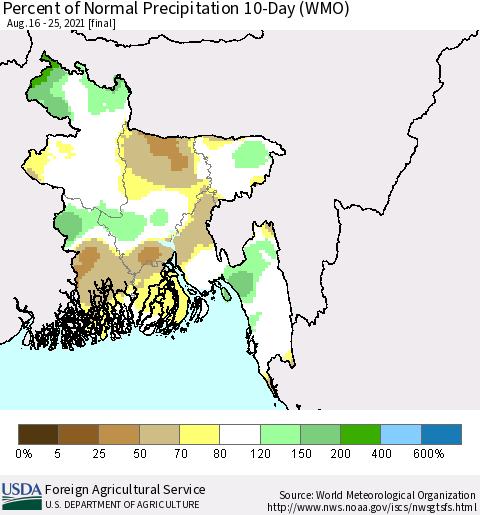 Bangladesh Percent of Normal Precipitation 10-Day (WMO) Thematic Map For 8/16/2021 - 8/25/2021