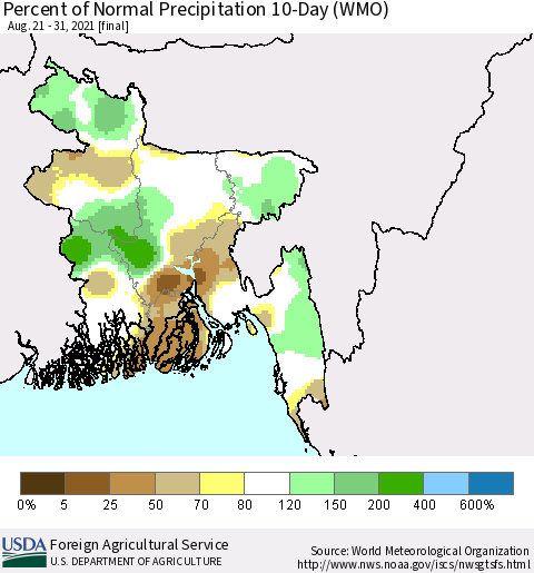 Bangladesh Percent of Normal Precipitation 10-Day (WMO) Thematic Map For 8/21/2021 - 8/31/2021