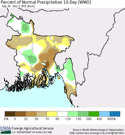 Bangladesh Percent of Normal Precipitation 10-Day (WMO) Thematic Map For 8/26/2021 - 9/5/2021
