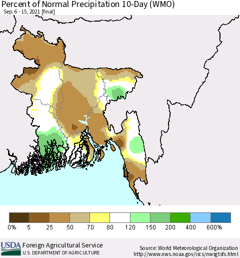 Bangladesh Percent of Normal Precipitation 10-Day (WMO) Thematic Map For 9/6/2021 - 9/15/2021