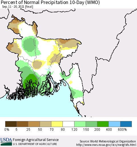 Bangladesh Percent of Normal Precipitation 10-Day (WMO) Thematic Map For 9/11/2021 - 9/20/2021