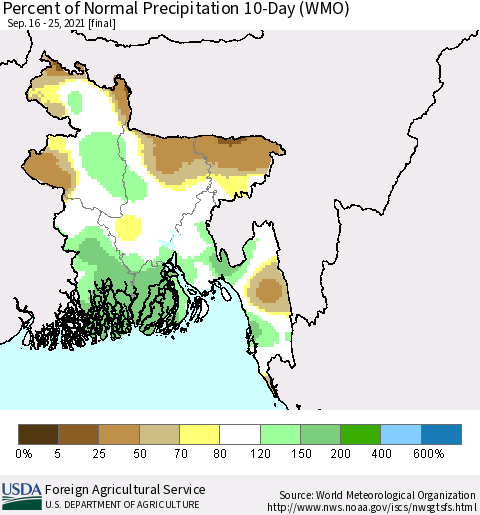 Bangladesh Percent of Normal Precipitation 10-Day (WMO) Thematic Map For 9/16/2021 - 9/25/2021