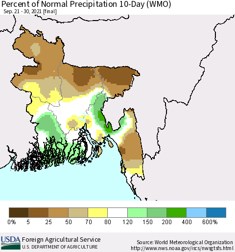 Bangladesh Percent of Normal Precipitation 10-Day (WMO) Thematic Map For 9/21/2021 - 9/30/2021