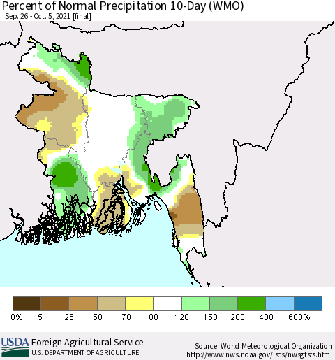 Bangladesh Percent of Normal Precipitation 10-Day (WMO) Thematic Map For 9/26/2021 - 10/5/2021