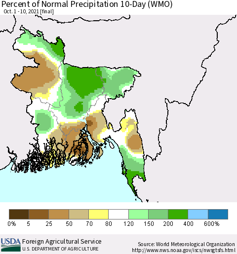 Bangladesh Percent of Normal Precipitation 10-Day (WMO) Thematic Map For 10/1/2021 - 10/10/2021