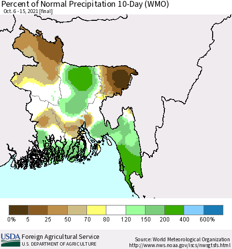 Bangladesh Percent of Normal Precipitation 10-Day (WMO) Thematic Map For 10/6/2021 - 10/15/2021