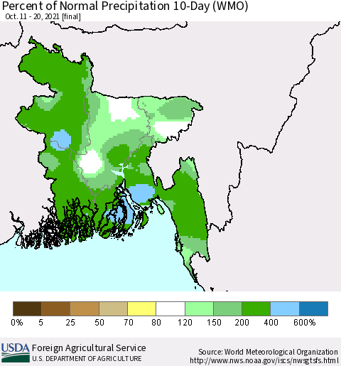 Bangladesh Percent of Normal Precipitation 10-Day (WMO) Thematic Map For 10/11/2021 - 10/20/2021