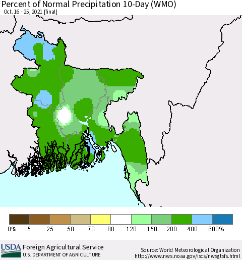 Bangladesh Percent of Normal Precipitation 10-Day (WMO) Thematic Map For 10/16/2021 - 10/25/2021