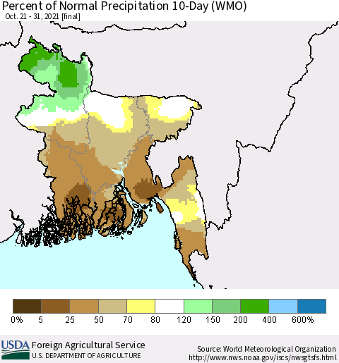Bangladesh Percent of Normal Precipitation 10-Day (WMO) Thematic Map For 10/21/2021 - 10/31/2021