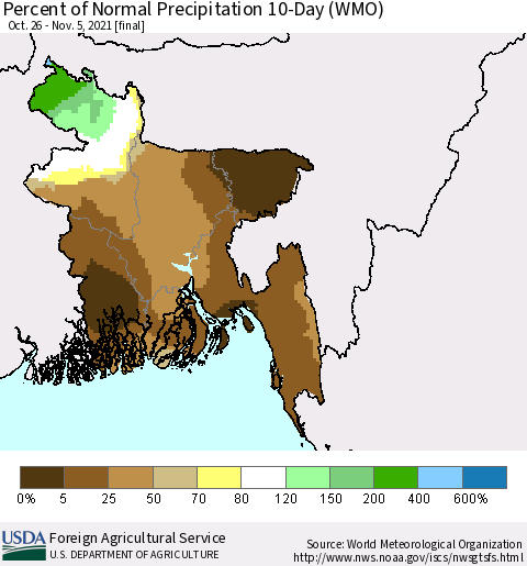 Bangladesh Percent of Normal Precipitation 10-Day (WMO) Thematic Map For 10/26/2021 - 11/5/2021