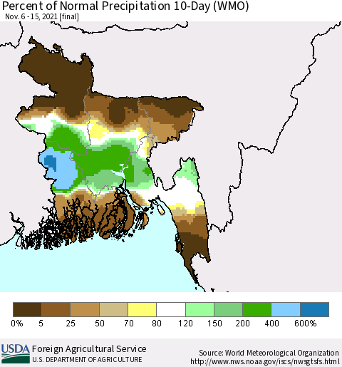 Bangladesh Percent of Normal Precipitation 10-Day (WMO) Thematic Map For 11/6/2021 - 11/15/2021