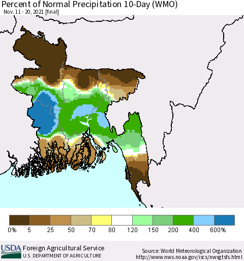 Bangladesh Percent of Normal Precipitation 10-Day (WMO) Thematic Map For 11/11/2021 - 11/20/2021