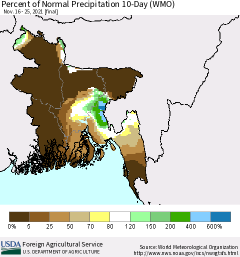 Bangladesh Percent of Normal Precipitation 10-Day (WMO) Thematic Map For 11/16/2021 - 11/25/2021