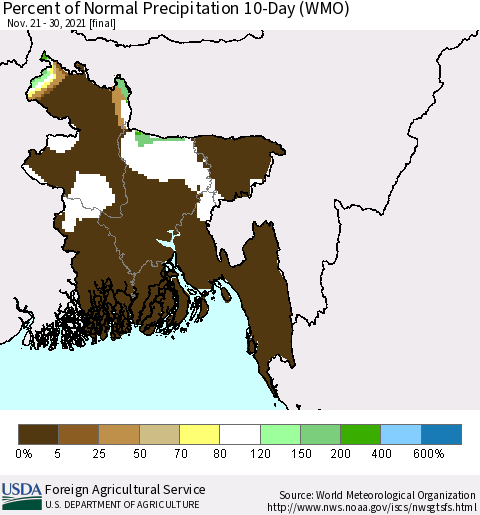 Bangladesh Percent of Normal Precipitation 10-Day (WMO) Thematic Map For 11/21/2021 - 11/30/2021