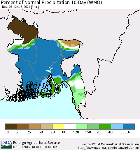 Bangladesh Percent of Normal Precipitation 10-Day (WMO) Thematic Map For 11/26/2021 - 12/5/2021