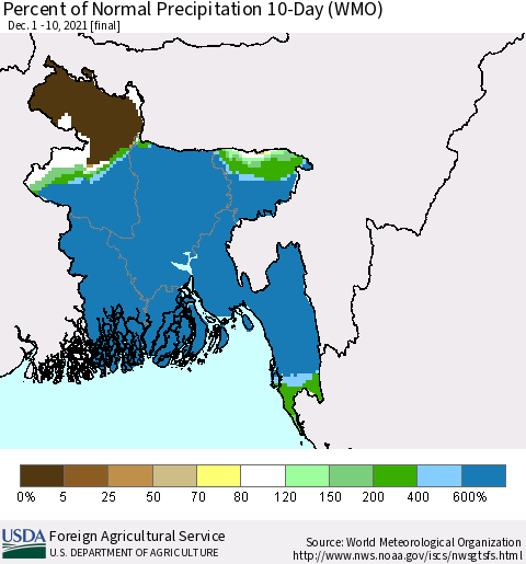 Bangladesh Percent of Normal Precipitation 10-Day (WMO) Thematic Map For 12/1/2021 - 12/10/2021