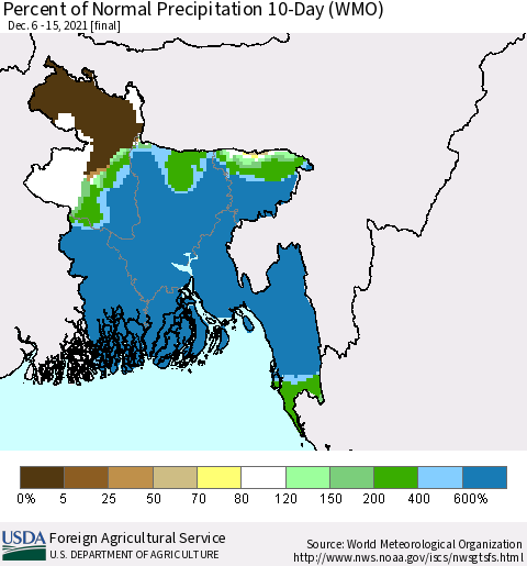 Bangladesh Percent of Normal Precipitation 10-Day (WMO) Thematic Map For 12/6/2021 - 12/15/2021