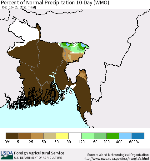 Bangladesh Percent of Normal Precipitation 10-Day (WMO) Thematic Map For 12/16/2021 - 12/25/2021