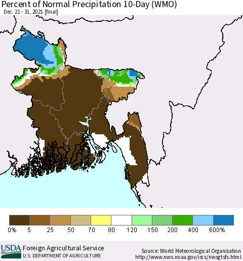 Bangladesh Percent of Normal Precipitation 10-Day (WMO) Thematic Map For 12/21/2021 - 12/31/2021