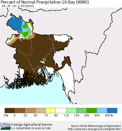 Bangladesh Percent of Normal Precipitation 10-Day (WMO) Thematic Map For 12/26/2021 - 1/5/2022