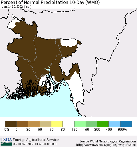 Bangladesh Percent of Normal Precipitation 10-Day (WMO) Thematic Map For 1/1/2022 - 1/10/2022