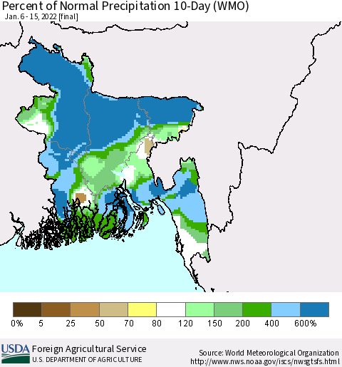 Bangladesh Percent of Normal Precipitation 10-Day (WMO) Thematic Map For 1/6/2022 - 1/15/2022