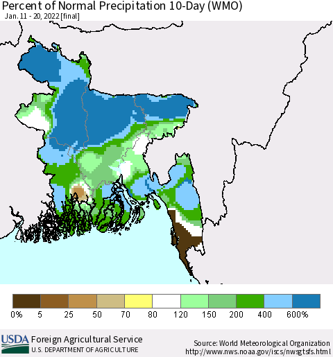 Bangladesh Percent of Normal Precipitation 10-Day (WMO) Thematic Map For 1/11/2022 - 1/20/2022