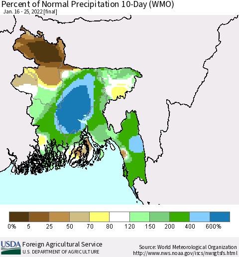 Bangladesh Percent of Normal Precipitation 10-Day (WMO) Thematic Map For 1/16/2022 - 1/25/2022
