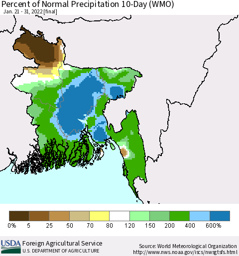 Bangladesh Percent of Normal Precipitation 10-Day (WMO) Thematic Map For 1/21/2022 - 1/31/2022
