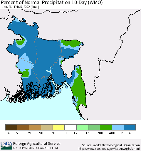 Bangladesh Percent of Normal Precipitation 10-Day (WMO) Thematic Map For 1/26/2022 - 2/5/2022