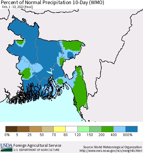 Bangladesh Percent of Normal Precipitation 10-Day (WMO) Thematic Map For 2/1/2022 - 2/10/2022