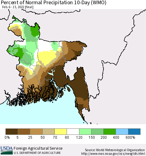 Bangladesh Percent of Normal Precipitation 10-Day (WMO) Thematic Map For 2/6/2022 - 2/15/2022