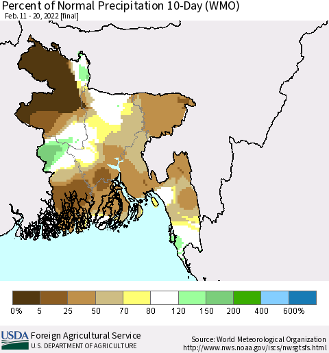 Bangladesh Percent of Normal Precipitation 10-Day (WMO) Thematic Map For 2/11/2022 - 2/20/2022
