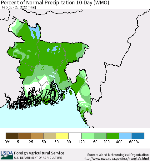 Bangladesh Percent of Normal Precipitation 10-Day (WMO) Thematic Map For 2/16/2022 - 2/25/2022