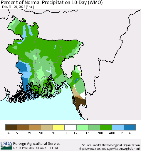 Bangladesh Percent of Normal Precipitation 10-Day (WMO) Thematic Map For 2/21/2022 - 2/28/2022