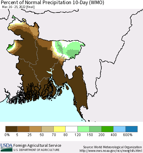 Bangladesh Percent of Normal Precipitation 10-Day (WMO) Thematic Map For 3/16/2022 - 3/25/2022