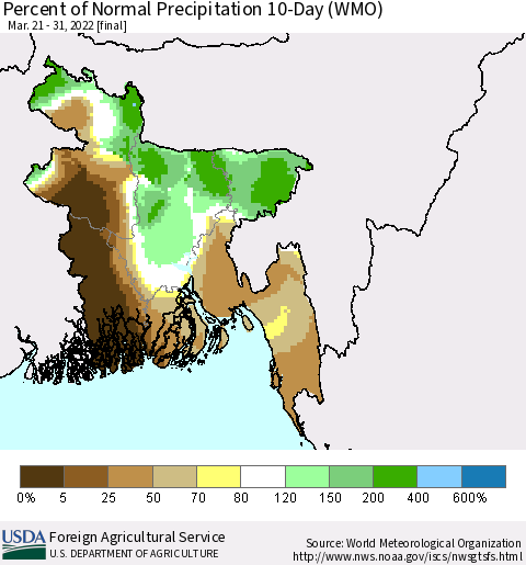 Bangladesh Percent of Normal Precipitation 10-Day (WMO) Thematic Map For 3/21/2022 - 3/31/2022